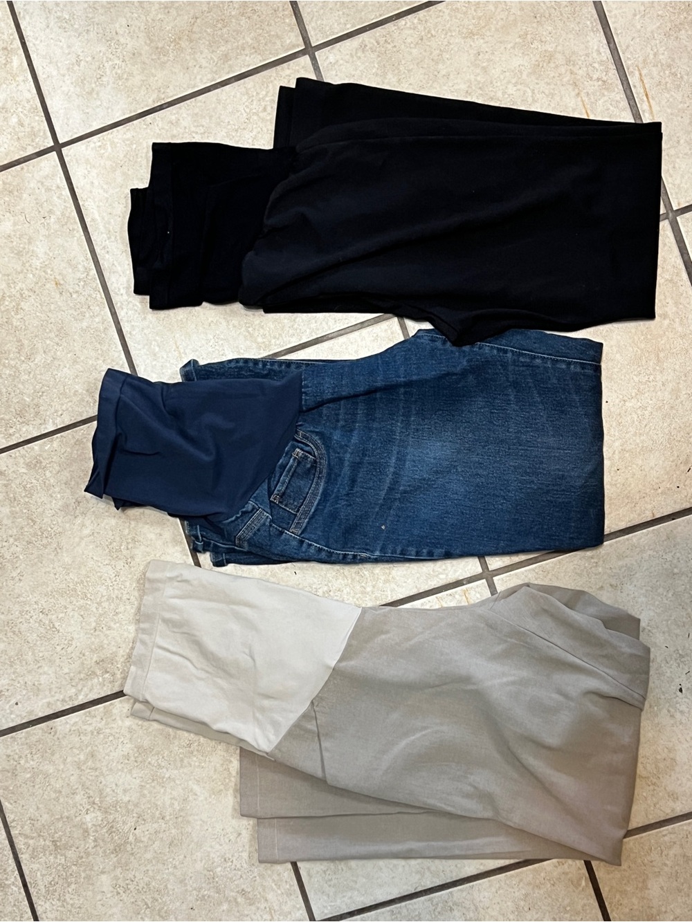 Bundle of three maternity pants - Black, Navy, Denim, and khaki.